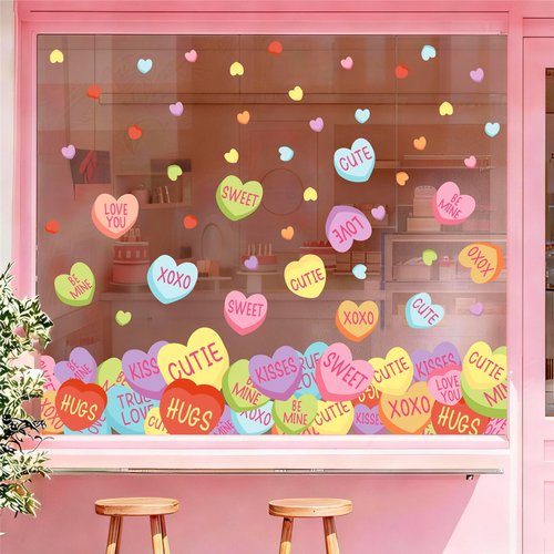 6 Sheets Valentine's Day Window Clings Conversation Heart Window Decals Colorful Candy Love Hearts Double-Sided Reusable for Home Decor Wedding Anniversary Party Supplies