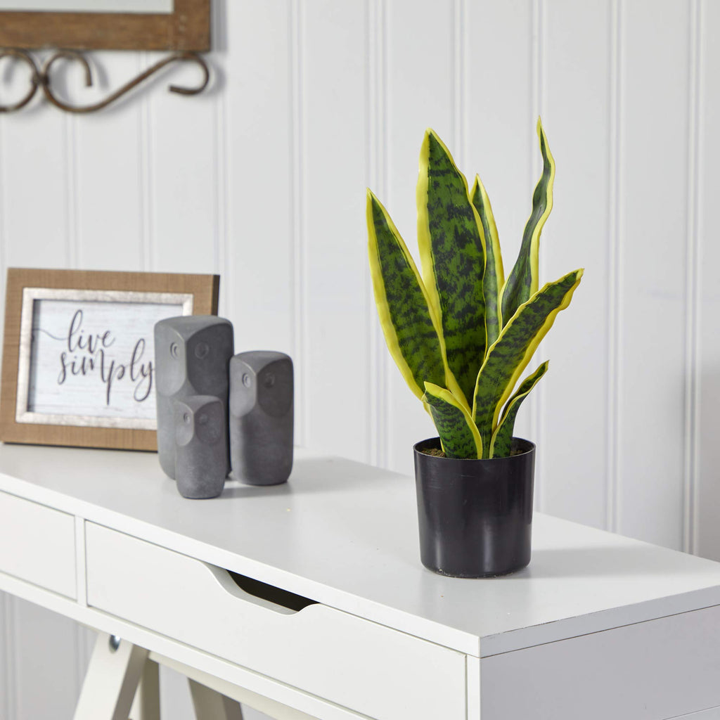 Nearly Natural 14-in Artificial Tall Snake Plant Sansevieria, Yellow Faux Snake Plant for Indoor Home Decor in Black Nursery Pot, Fake Plant for Office, Living Room, Bedroom, Tabletop, DIY