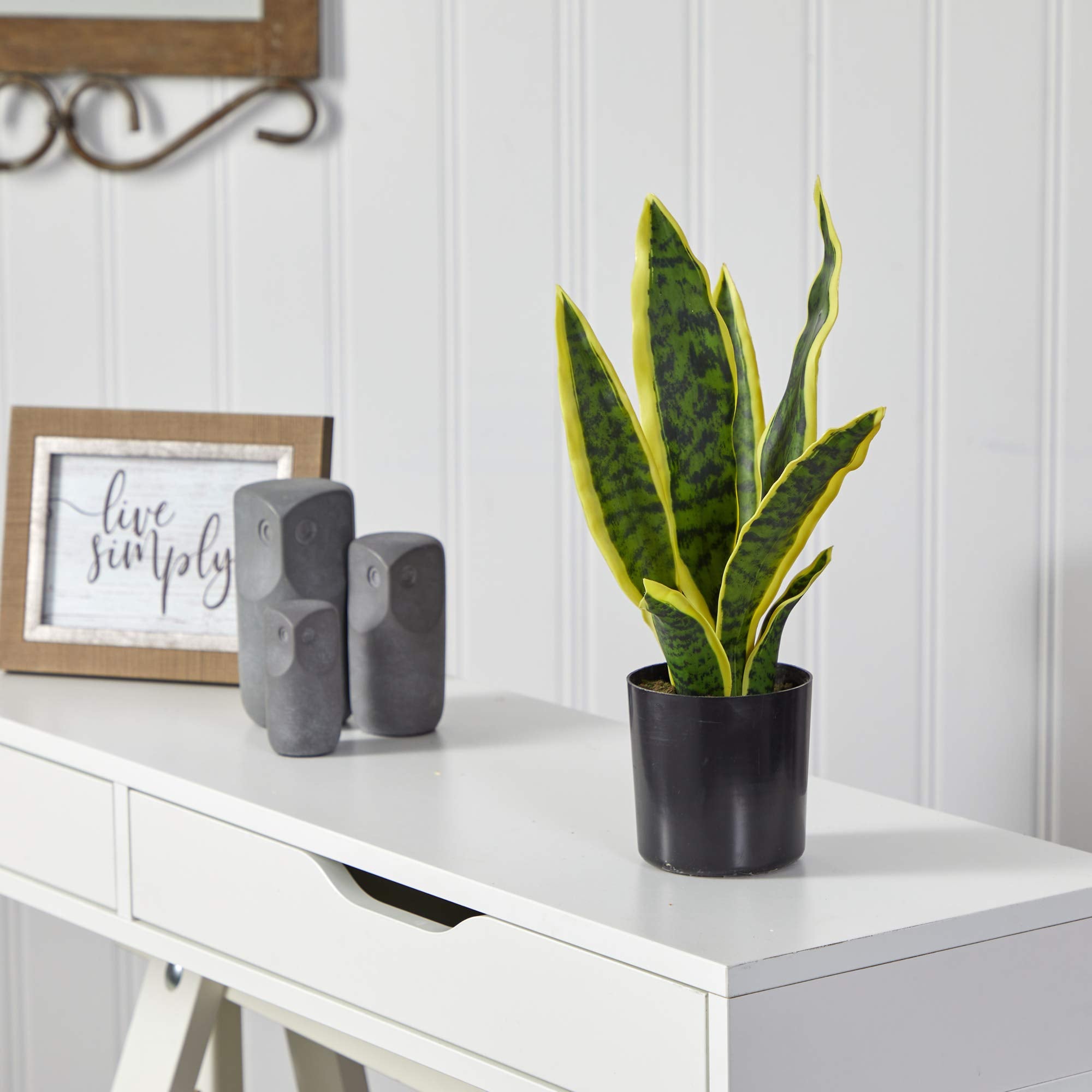 Nearly Natural 14-in Artificial Tall Snake Plant Sansevieria, Yellow Faux Snake Plant for Indoor Home Decor in Black Nursery Pot, Fake Plant for Office, Living Room, Bedroom, Tabletop, DIY