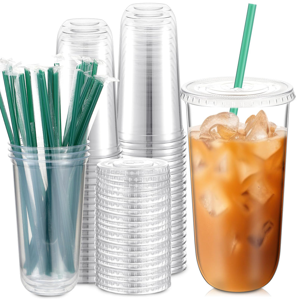 Baderke 25 Set Plastic Cups with Lids and Straws, Disposable Plastic Iced Coffee Cup for Cold Beverage Juice Smoothie Crystal for Coffee Shops Party Catering(Clear,20 oz)