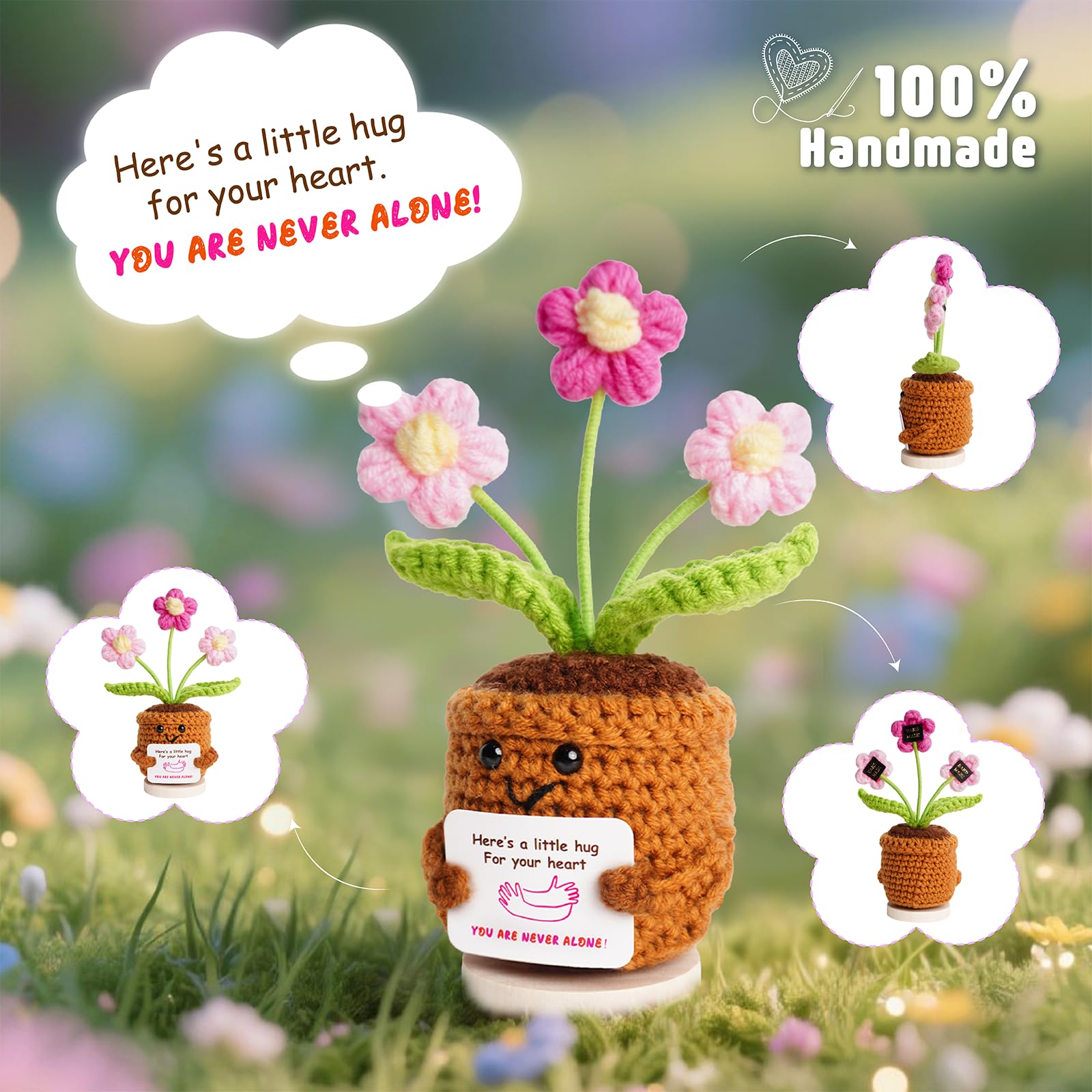penzoos Emotional Support Plant, Handmade Crochet Potted Flower with Inspirational Message Card, Pink Petal Knitted Daisy, Stress Relief Gift for Christmas, Friends, Family, and Coworkers