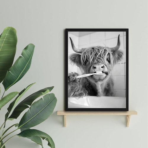 Highland Cow | Framed Funny Bathroom Wall Art - Black & White Modern Farmhouse Decor | 12x16in
