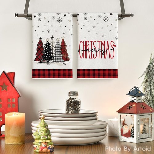 Artoid Mode Christmas Kitchen Towels - Red Black Buffalo Plaid Snowman Design | Set of 4, 18x26 Inch