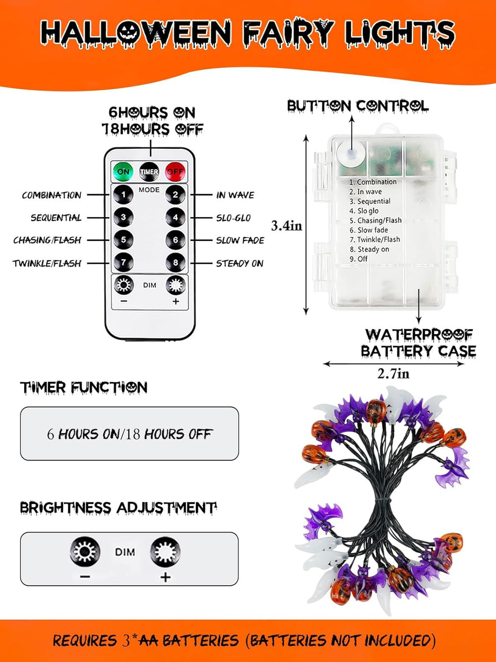 Skiennix Halloween String Lights - 30 LED 3D Pumpkin, Bat & Ghost Fairy Lights | Battery Operated with Remote & Timer