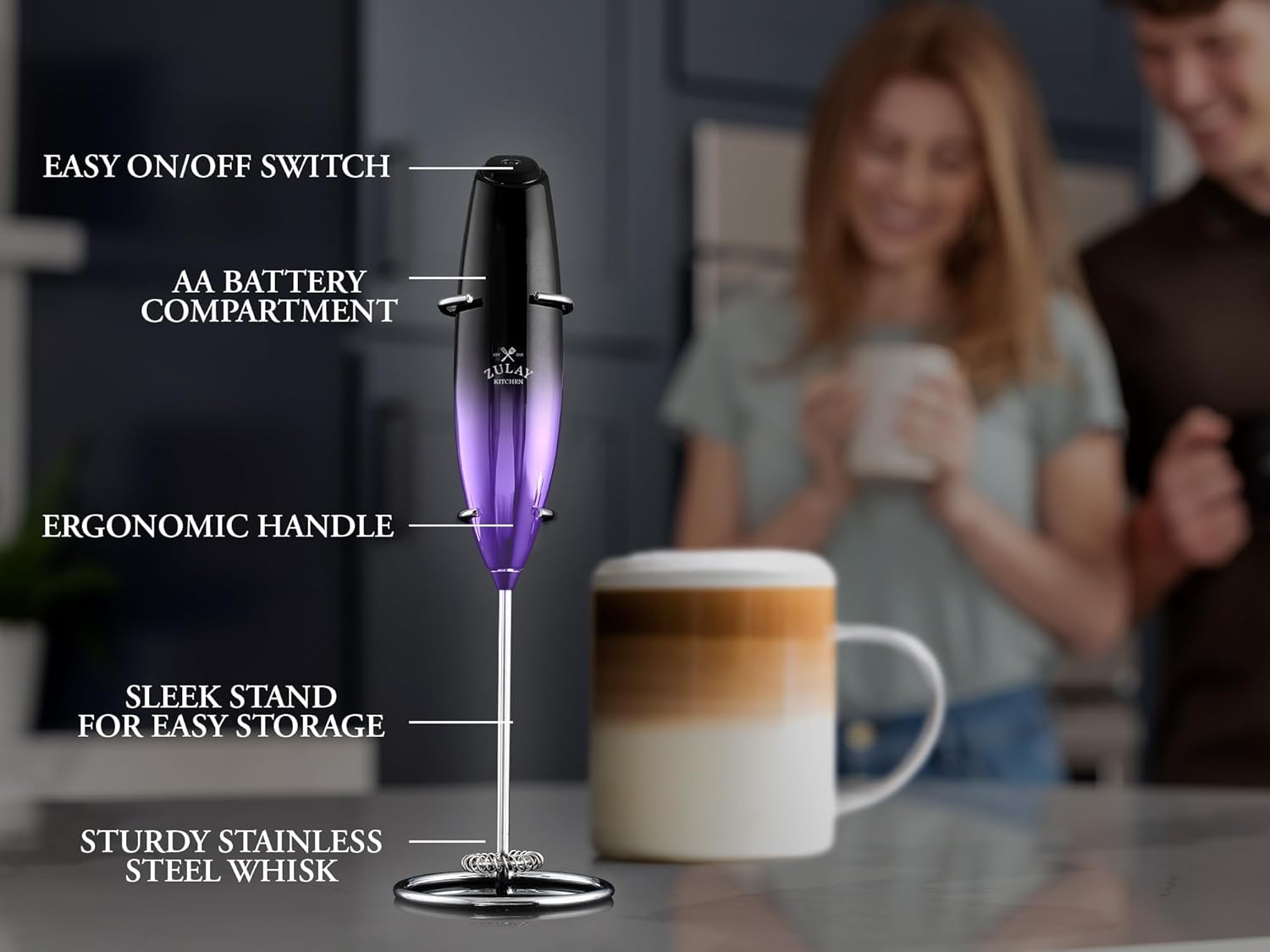 Zulay Kitchen Milk Frother - Handheld Electric Foam Maker for Coffee & Lattes | Deluxe Finish, Perfect Gift