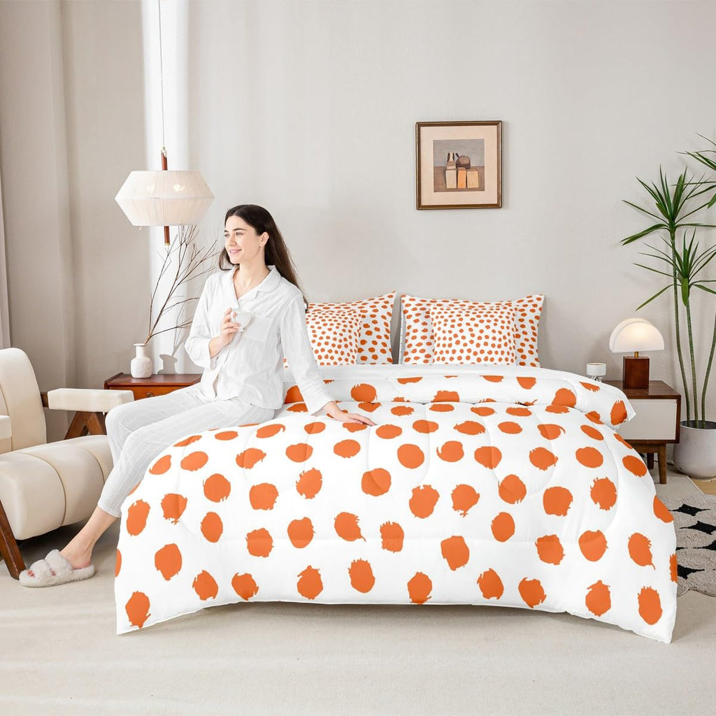 Erosebridal Brush Stroke Sheet Set Queen Size Polka Dots Bed in A Bag 7 Pcs for Kids Girls Boys Farmhouse Orange White Comforter Set Lightweight Bed Set
