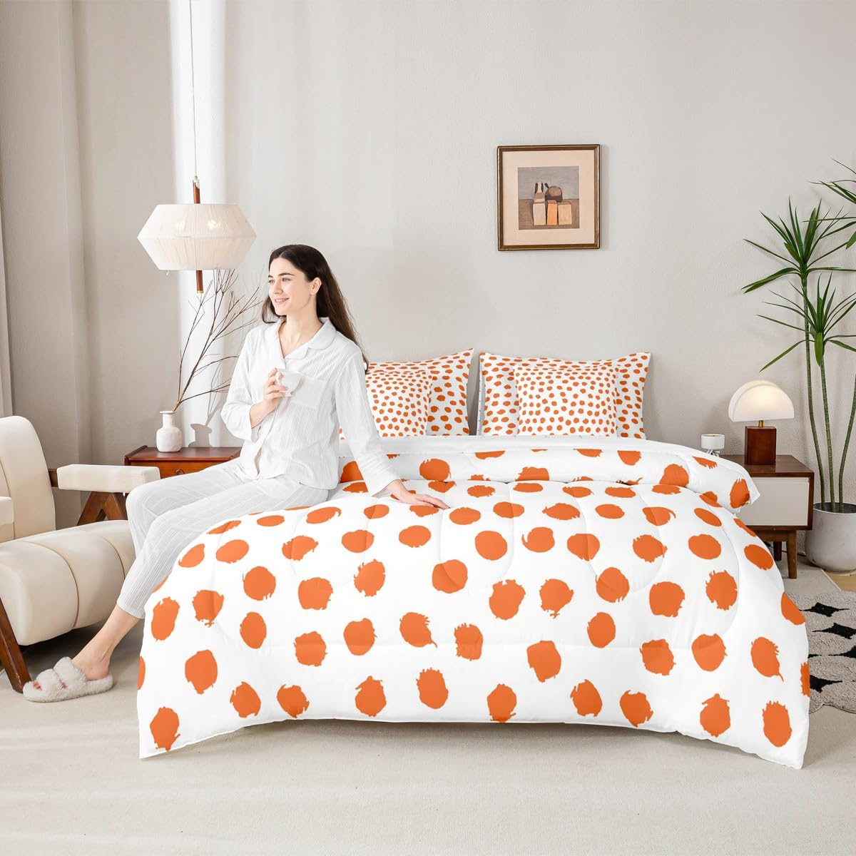 Erosebridal Brush Stroke Sheet Set Queen Size Polka Dots Bed in A Bag 7 Pcs for Kids Girls Boys Farmhouse Orange White Comforter Set Lightweight Bed Set