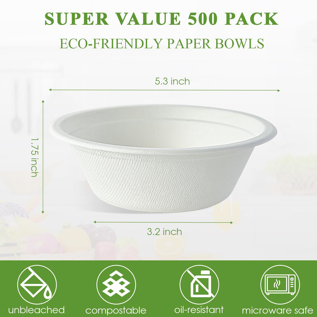 Vplus 500 Pack 12 OZ Paper Bowls Bulk, Disposable Compostable, Eco-friendly Bagasse, Heavy-duty Bowls Perfect for Milk Cereals, Snacks, Salads