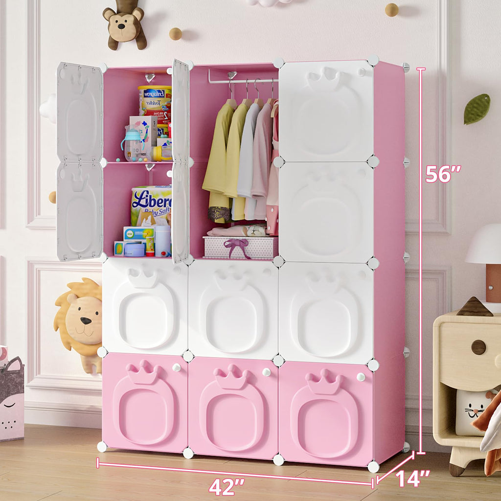MAGINELS Kids Wardrobe Closet,Baby Closet Cabinet with Door.Baby Girls Armoires Organizer for Bedroom.Two Open Hanging Children Costume Area and 8 Cube Stroage.Pink(42x14x56inch)