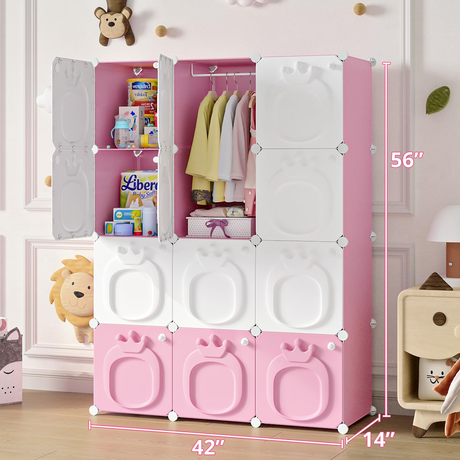 MAGINELS Kids Wardrobe Closet,Baby Closet Cabinet with Door.Baby Girls Armoires Organizer for Bedroom.Two Open Hanging Children Costume Area and 8 Cube Stroage.Pink(42x14x56inch)