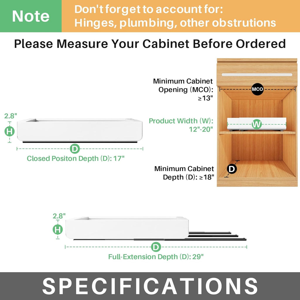 Skiennix Pull-Out Cabinet Organizer - Expandable Heavy-Duty Slide-Out Drawers (12"-20") for Kitchen & Bathroom Storage