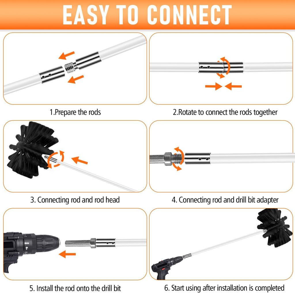 Skiennix 30-Foot Chimney Sweep Kit - 8-Inch Brush Head & Dryer Vent Cleaner with 23 Flexible Rods