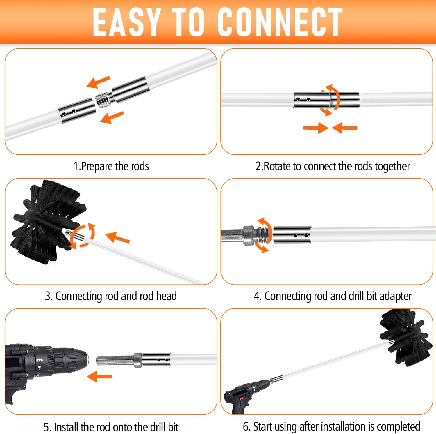 Skiennix 30-Foot Chimney Sweep Kit - 8-Inch Brush Head & Dryer Vent Cleaner with 23 Flexible Rods