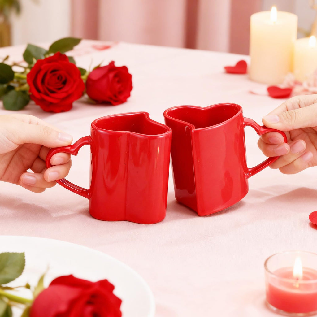 Domensi 2 Pcs Valentines Heart Shaped Mugs Red Heart Coffee Cup 11.8 oz Valentine‘S Day Ceramic Mug with Handle Love Tea Cup Gift for Romantic Valentines Wedding Anniversary Couple Lover Decoration