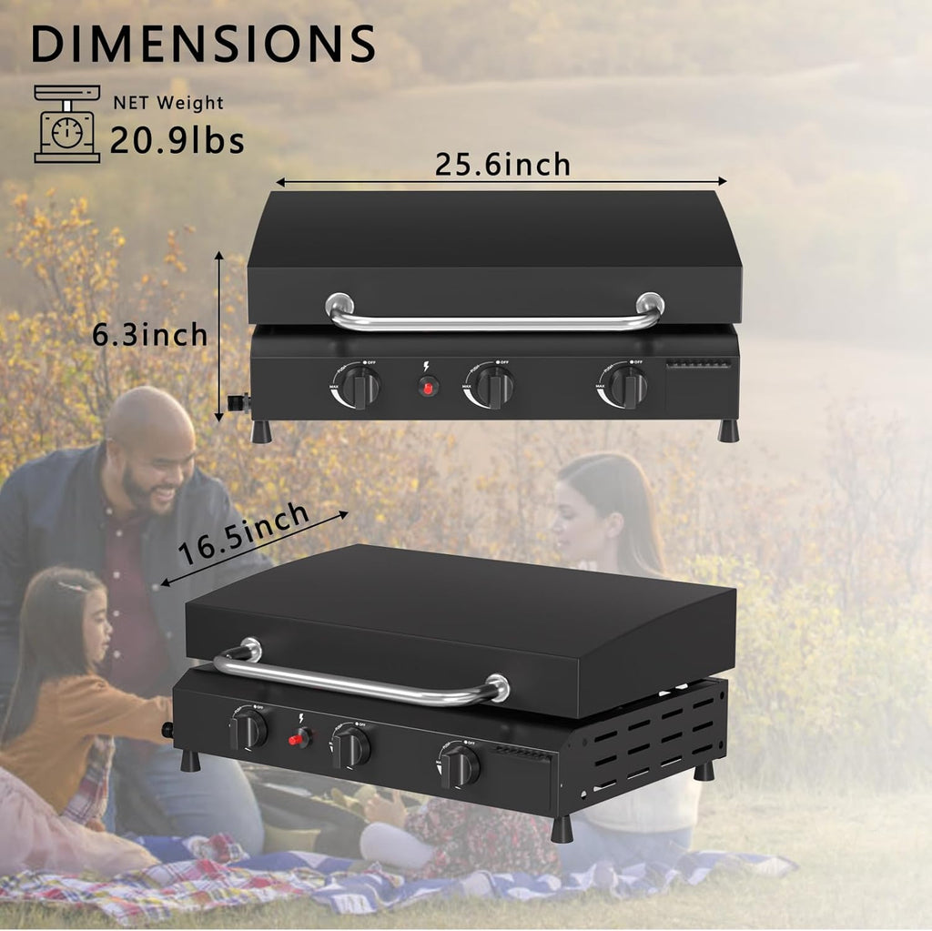 SKOK Gas Griddle - 23.3 Inch Portable Flat Top Grill with Hood for Camping & Tailgating | 45,000 BTU, 3 Burners