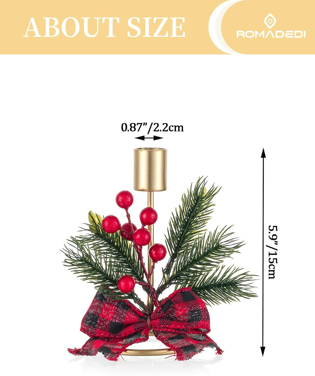 Romadedi Candle Holders - Gold Taper Candlestick Holders with Red Berry Decor | Set of 2 for Festive Christmas Centerpieces