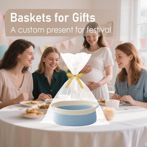JMvicyroam Woven Basket - Small Rope Storage Bin with Handles for Organizing Shelves & Closets | White & Blue