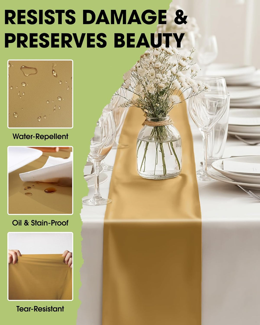 Pureegg Gold Plastic Table Runners - Water Resistant & Disposable | 10 Pack, 14'' x 108'' for Weddings & Parties