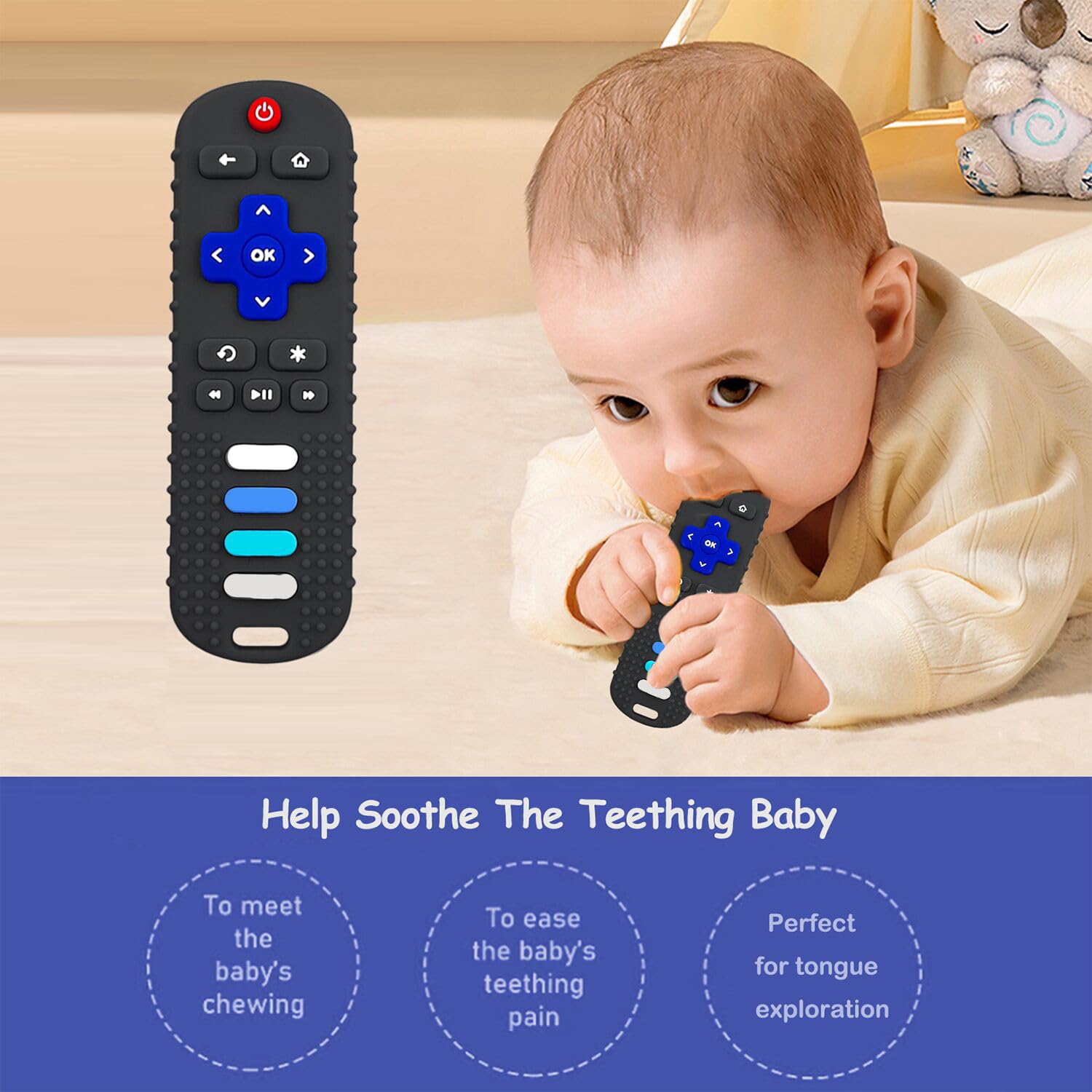 ROBBEAR Baby Teething Toys - Food Grade Silicone Teether in TV Remote Shape | BPA-Free, Pink & Blue