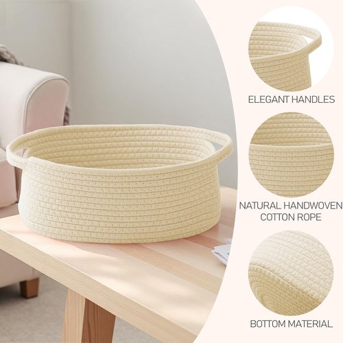 JMvicyroam Woven Basket - Small Rope Storage Bin with Handles | Organizer for Shelves & Closets - Beige (2 Pack)