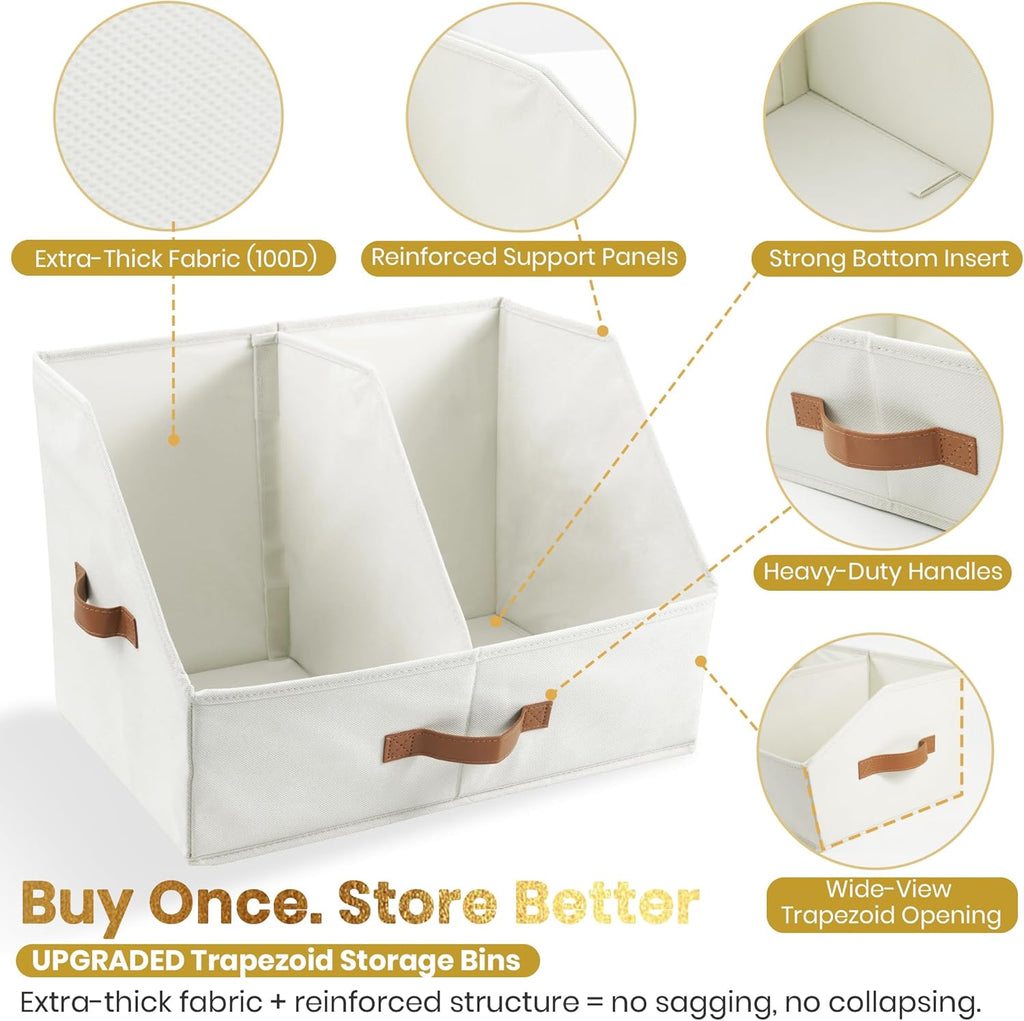 Skiennix Trapezoid Storage Bins - Upgraded Height with Handles & Adjustable Dividers | 6-Piece Set, Medium, Ivory