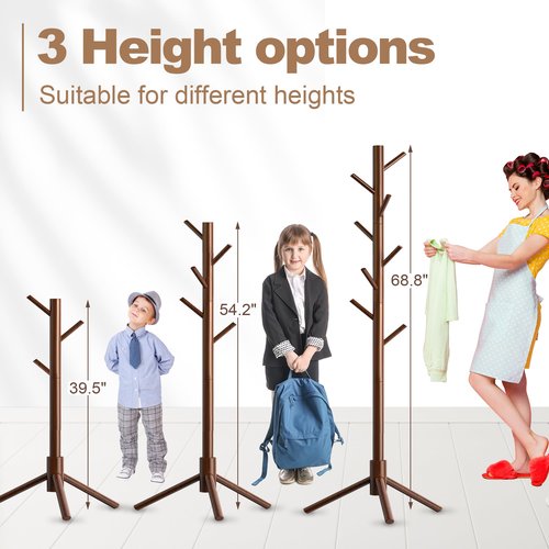 Aliphon Wooden Coat Rack Stand, Freestanding Coat Rack with 8 Hooks, 3 Adjustable Size Coat Tree for Hats, Coats, Scarves bags, Coat Hanger Stand Used in Bedroom/Office/Entryway （Brown）