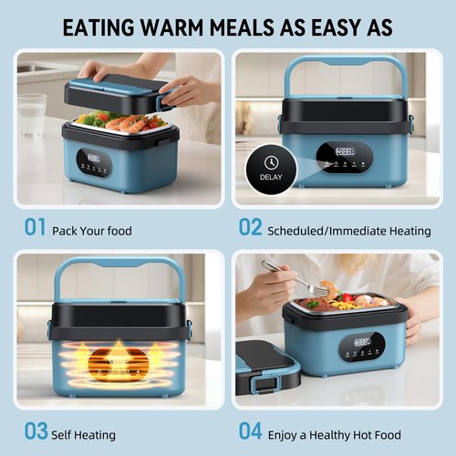 Cordless Electric Lunch Box for Adults, 18000mAh Rechargeable Portable Self-Heating Lunch Box Food Warmer, 1.5L(6 Cups) Container for Outdoor, Work, Office, Camping, Travel（Blue＆Black）