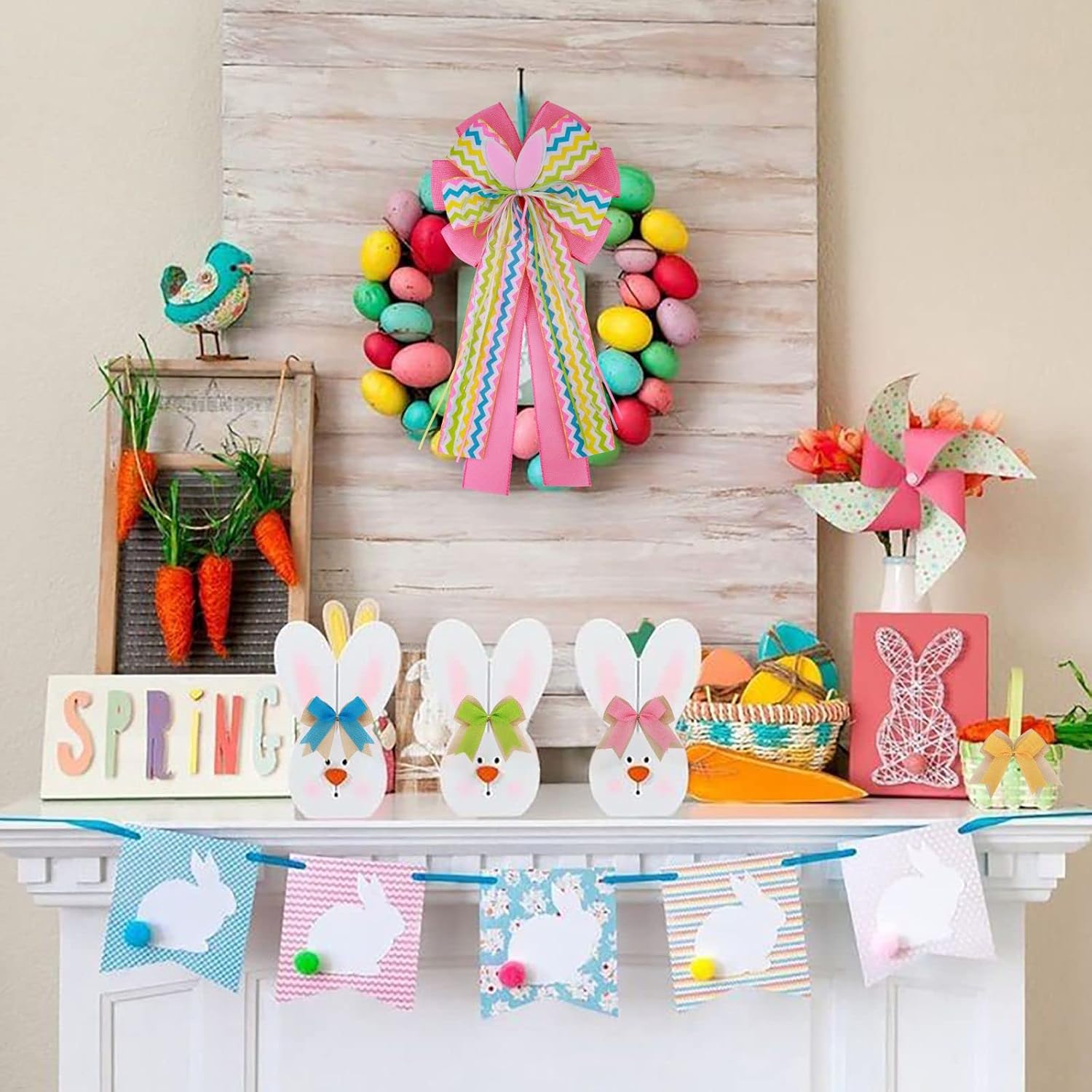 Meseey Large Easter Burlap Bow - 20 x 10 Inch Spring Bunny Rabbit Wreaths for Home Decor | Gift Wrapping & Tree Topper