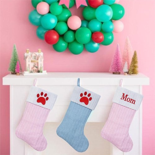 Shgngle Pink Knit Christmas Stockings Personalized, 19.5 Inches Embroidered Letter Christmas Stocking for Holiday Decorations and Xmas Gift(Initial A)