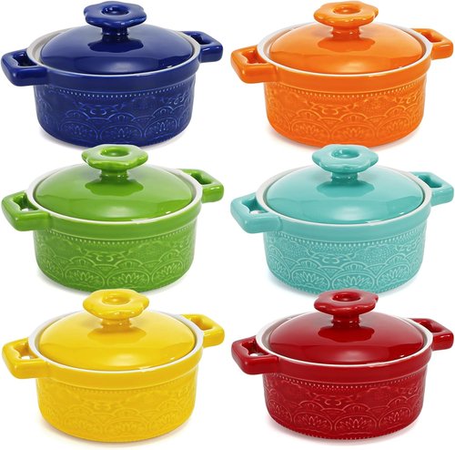 Hacaroa Mini Cocotte Set - 8 Oz Ceramic Ramekins with Handles | Oven Safe Individual Serving Dishes - 6 Colors