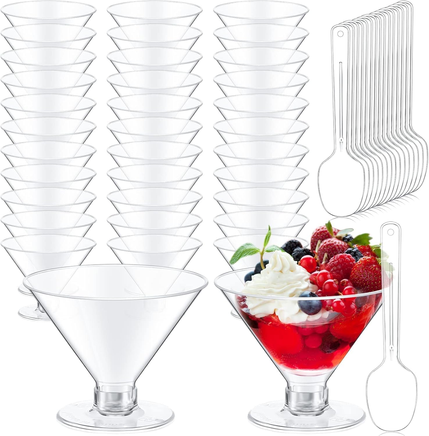 Yinkin 150 Cups and 150 Spoons Plastic Martini Glasses Disposable Cocktail Glasses Mini Martini Plastic Cups Dessert PVC Shot Unbreakable with Spoons for Weddings Party Wine Food (Clear,5 oz)