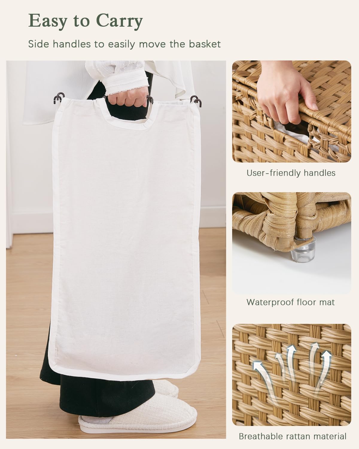 SETVSON Laundry Hamper - Handwoven Rattan Basket with Lid & 3 Removable Liners | 112L (29.6 Gal)