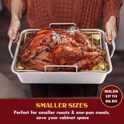 E-far Stainless Steel Roasting Pan - 14 x 10.6 Inch Turkey Roaster with V Rack & Baking Rack | Dishwasher Safe