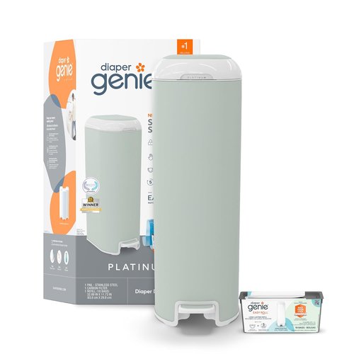 Diaper Genie Platinum Pail - Durable Stainless Steel | Sage Green with 1 Easy Roll Refill & 18 Bags