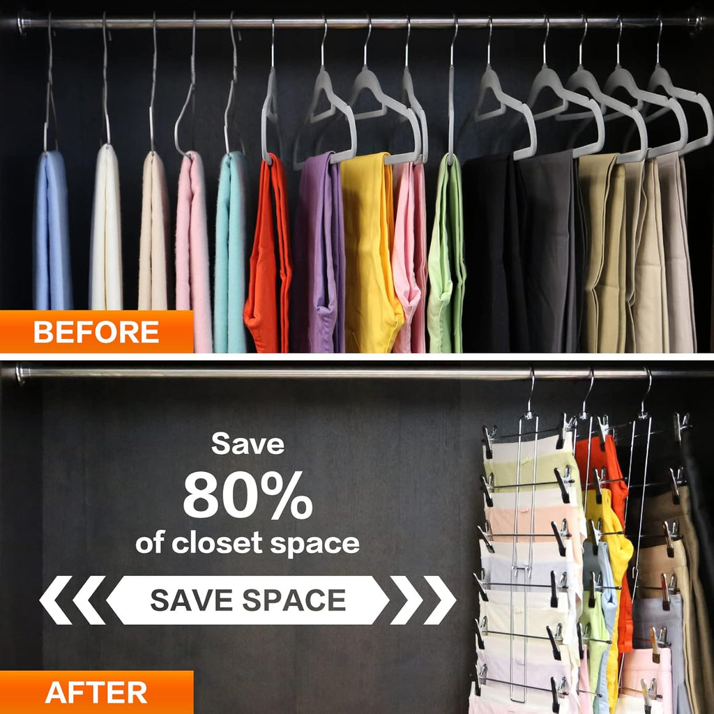 Skiennix 3-Pack Pants Hangers - Space-Saving 6-Tier Closet Organizers with Clips | Essential Storage for Jeans & Scarves