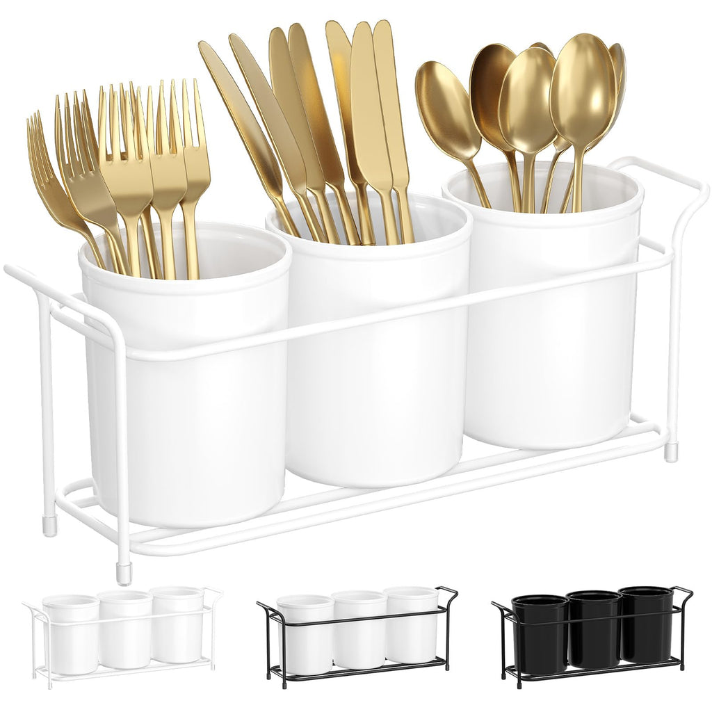 Lifewit Plastic Silverware Caddy with Metal Rack, Utensil Holder for Party, Cutlery Flatware Organizer for Kitchen Countertop, Forks Spoons Knives Storage for Picnic Camping Outdoor Buffet, White