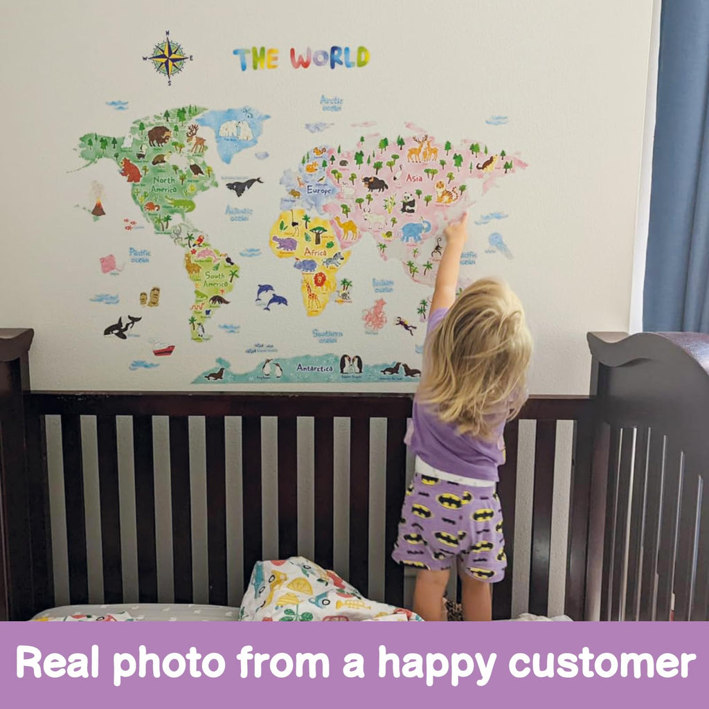 DECOWALL SG2-1615S Animal World Map Kids Wall Decals Wall Stickers Peel and Stick Removable Wall Stickers for Kids Nursery Bedroom Living Room (Large)