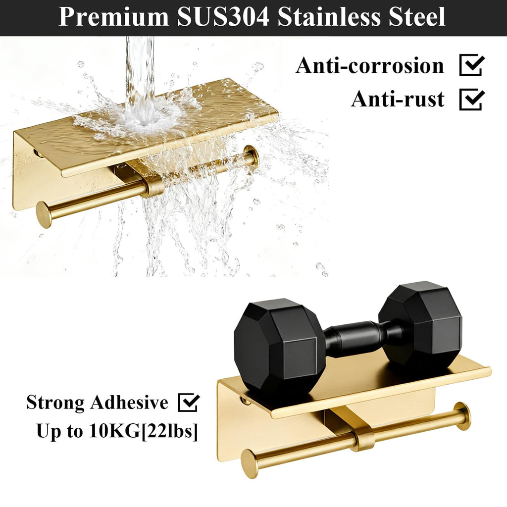 Toilet Paper Holder, NEWRAIN Double Bathroom Toilet Paper Roll Holder with Shelf, Stainless Steel Wall Mounted RV Tissue Roll Holder, Brushed Gold Commercial Farmhouse Toilet Paper Dispenser
