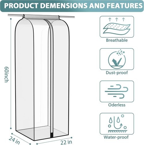 Liuoud 22” Gusseted Garment Bags - Clear Clothes Covers for Closet Storage | 2 Pack, 60” Long