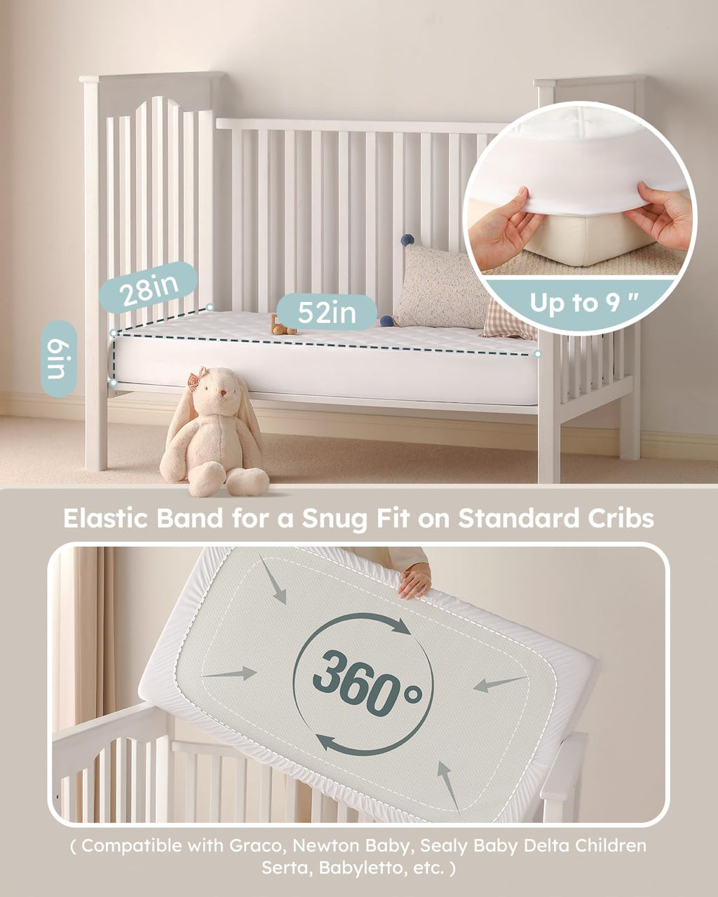 Yoofoss Waterproof Crib Mattress Protector - Ultra Soft & Breathable 2-Pack | Fits Standard Crib 52''x28''
