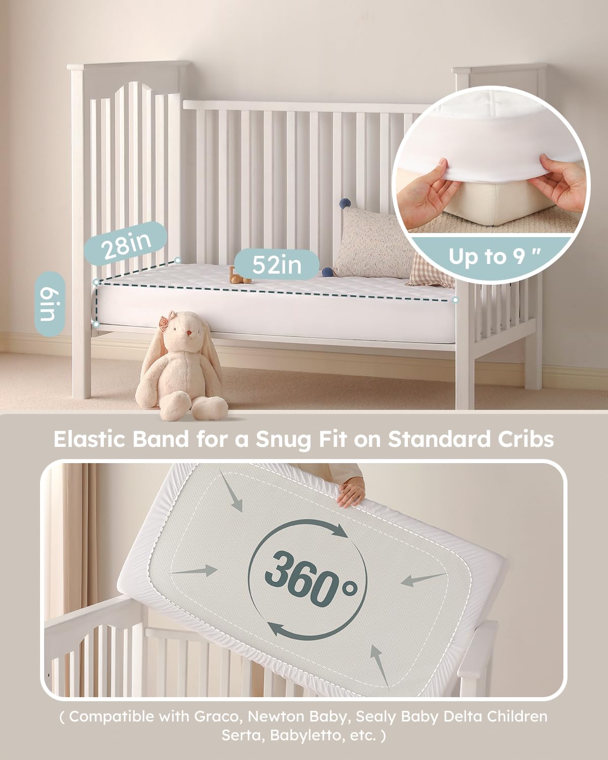 Yoofoss Waterproof Crib Mattress Protector - Ultra Soft & Breathable 2-Pack | Fits Standard Crib 52''x28''