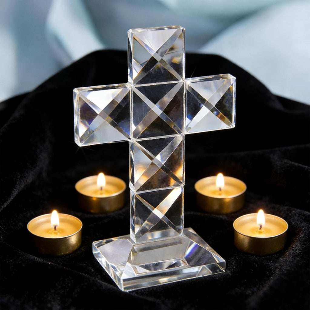QFkris Crystal Standing Cross | Clear 5'' Tall Glass Figurine - Elegant Christian Tabletop Decor