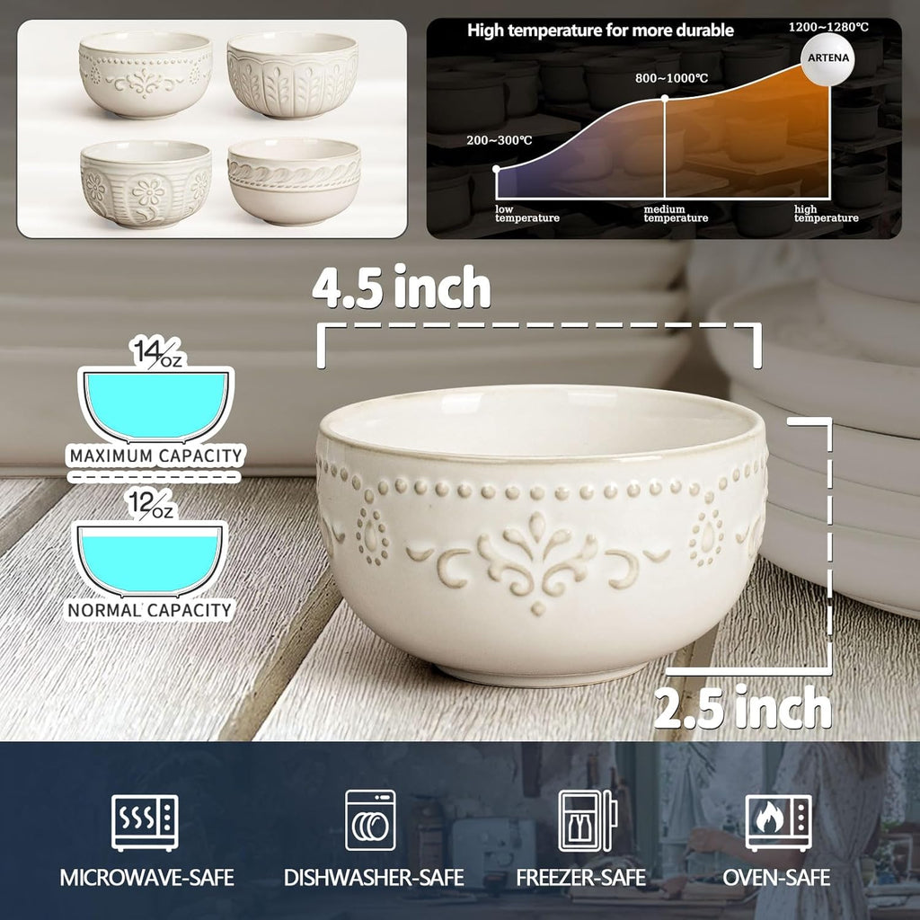 Artena Ceramic Dessert Bowls Set of 4 - 12 oz Embossed White Bowls for Ice Cream, Cereal & More | 4.5 Inch, Microwave & Dishwasher Safe