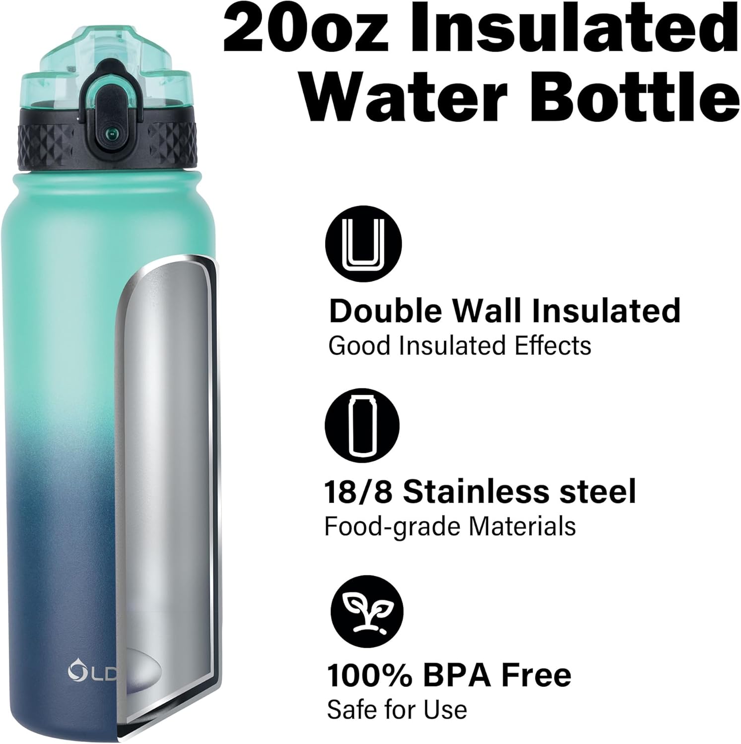 Oldley Insulated Water Bottle - 20oz Stainless Steel with 3 Lids & Fruit Strainer | BPA-Free, Leak-Proof