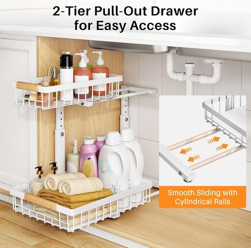 PXRACK Under Sink Organizer, Adjustable Height, 2-Pack 2 Tier Pull Out Under Cabinet Organizer, Slide Out Thickened Metal Under Sink Storage for Kitchen Bathroom Laundry Pantry Cabinet, S, White