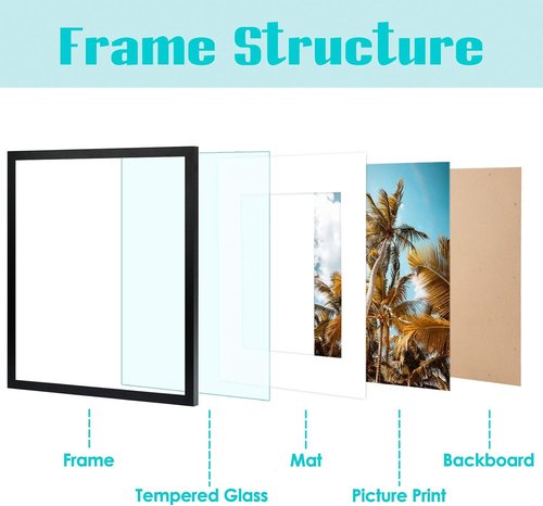 Frametory 16x20 Black Picture Frame - High-Definition Real Glass - Fits 11x14 Photos with Mat