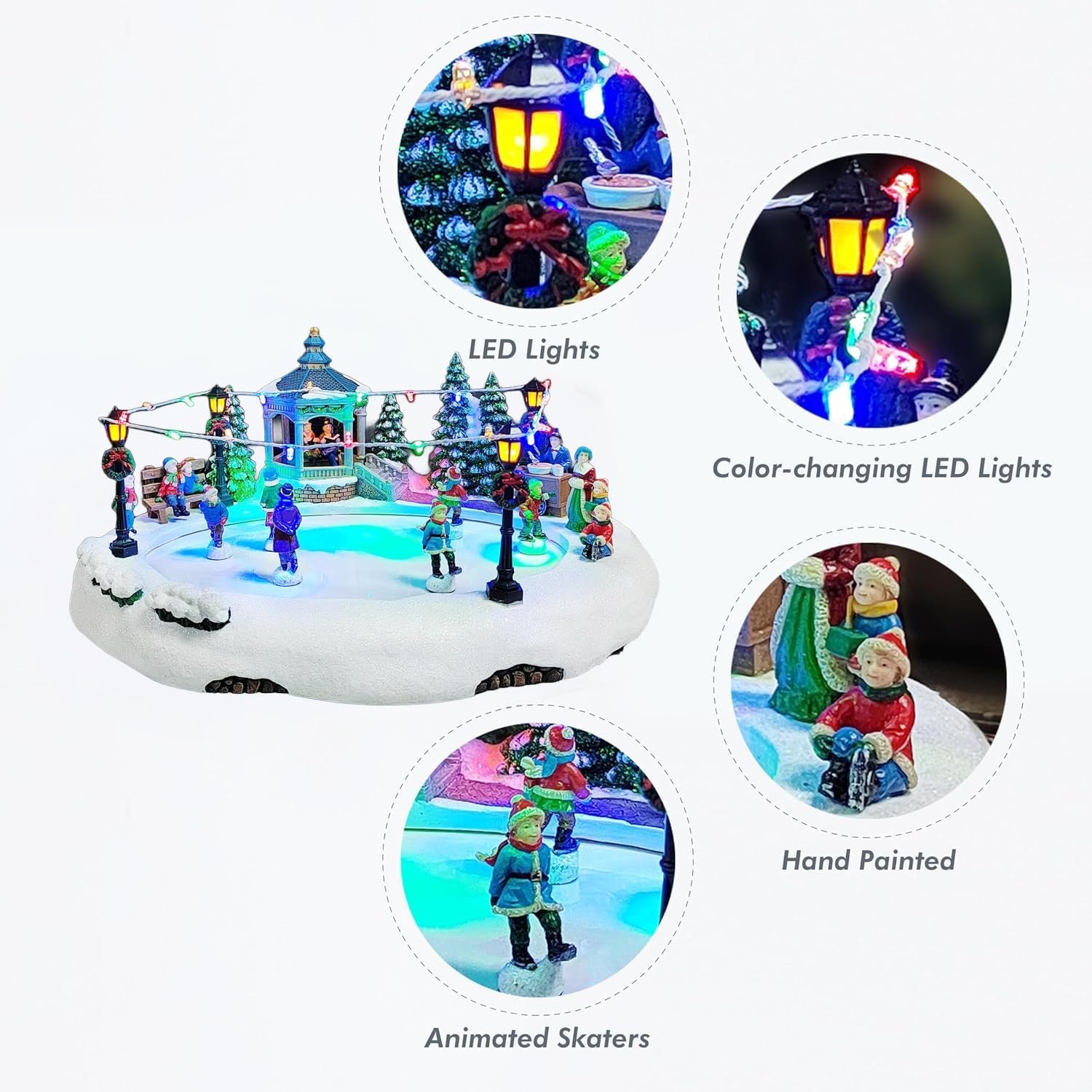 Moments In Time Animated Skating Pond - 7.28” LED Christmas Village Display with Moving Skaters, Lights & Music