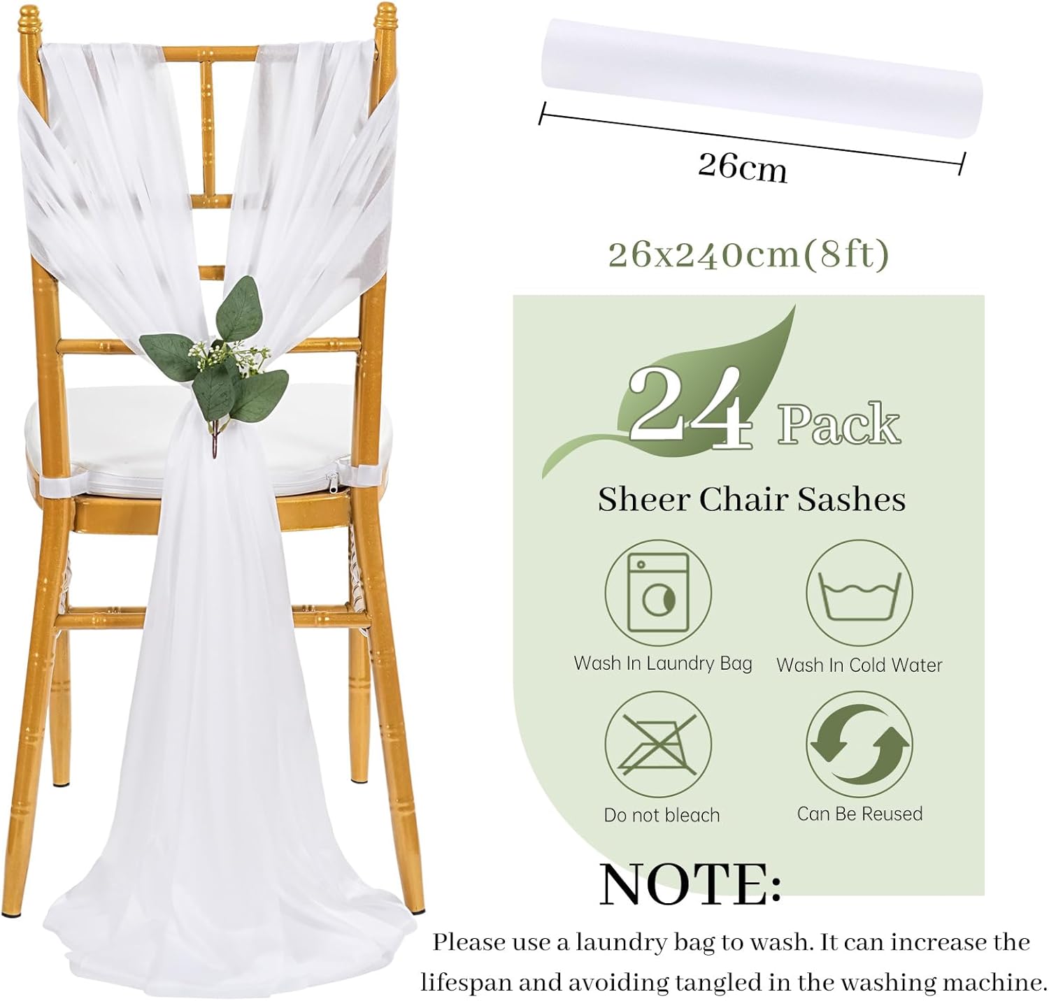 QueenDream Chair Sashes - 24 Packs of 8ft Long Sheer White Draping Fabric for Wedding & Party Decor
