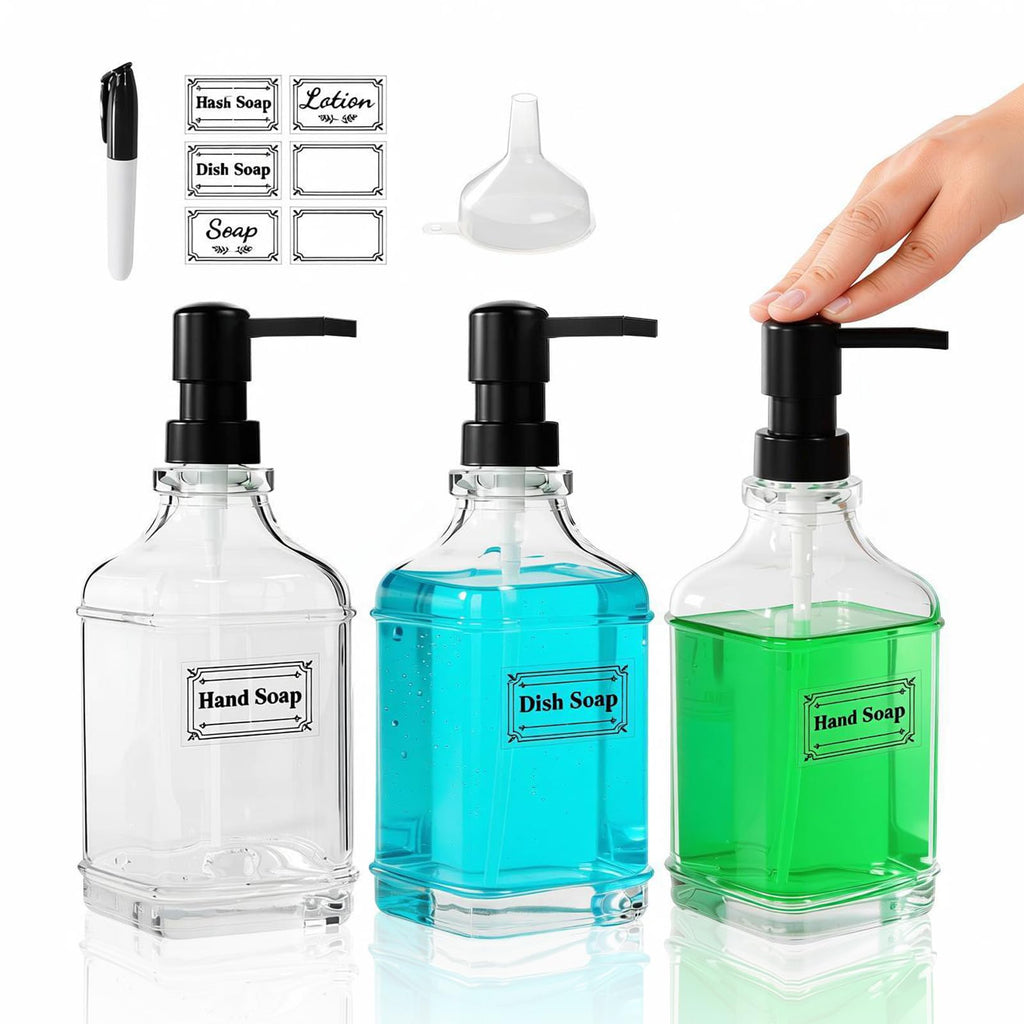 BPFY 3 Pack Glass Soap Dispenser with Pump, 17oz/500ml Square Refillable Hand and Dish Soap Dispenser for Bathroom Decor & Kitchen Sink, Clear Pump Bottles for Liquid, Lotion (Includes 6 Labels)