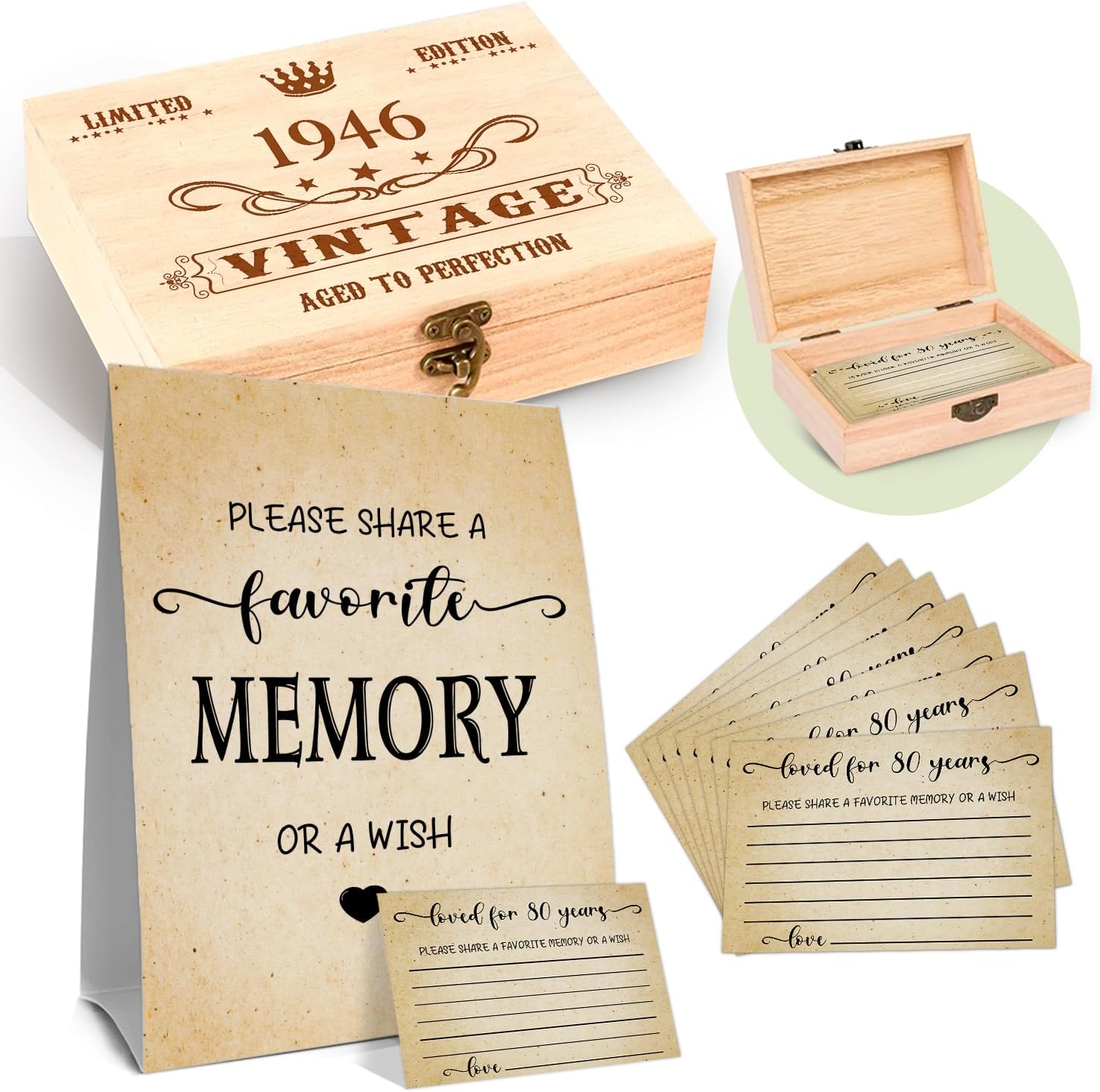QUPT 80th Birthday Memory Box Set - Share Memories with 50 Cards | Unique 1946 Gifts for Him & Her